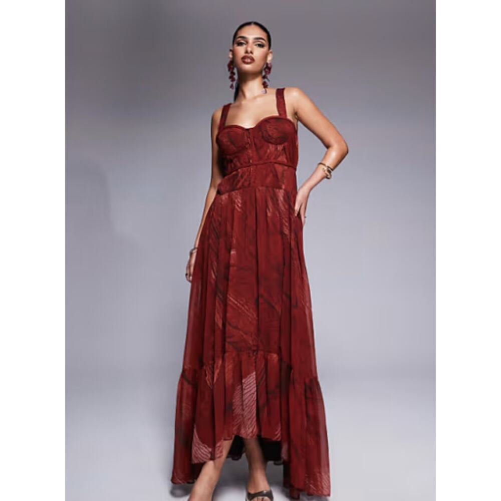 ASOS DESIGN plait detail maxi with bust cups in red abstract print Sz 10